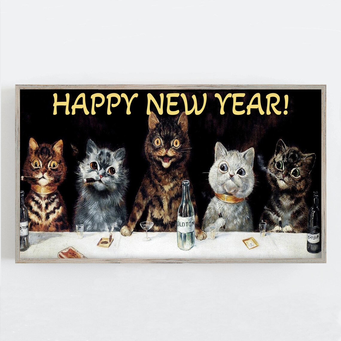Happy New Year Cats Party Cigars Vintage Humorous Feline Painting Print