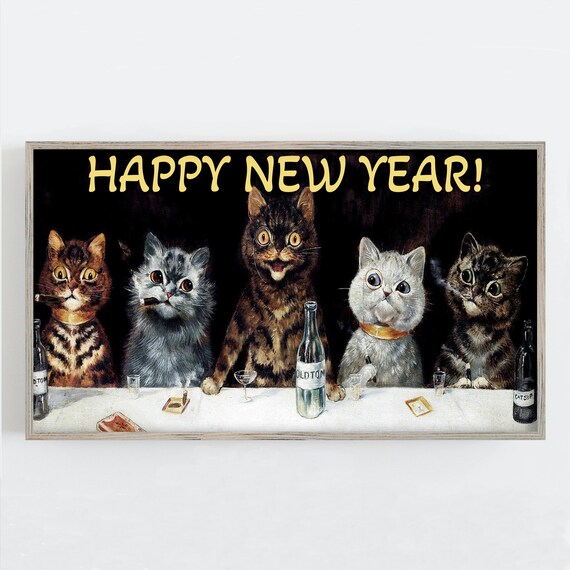Happy New Year Cats Party Cigars Vintage Humorous Feline Painting Print
