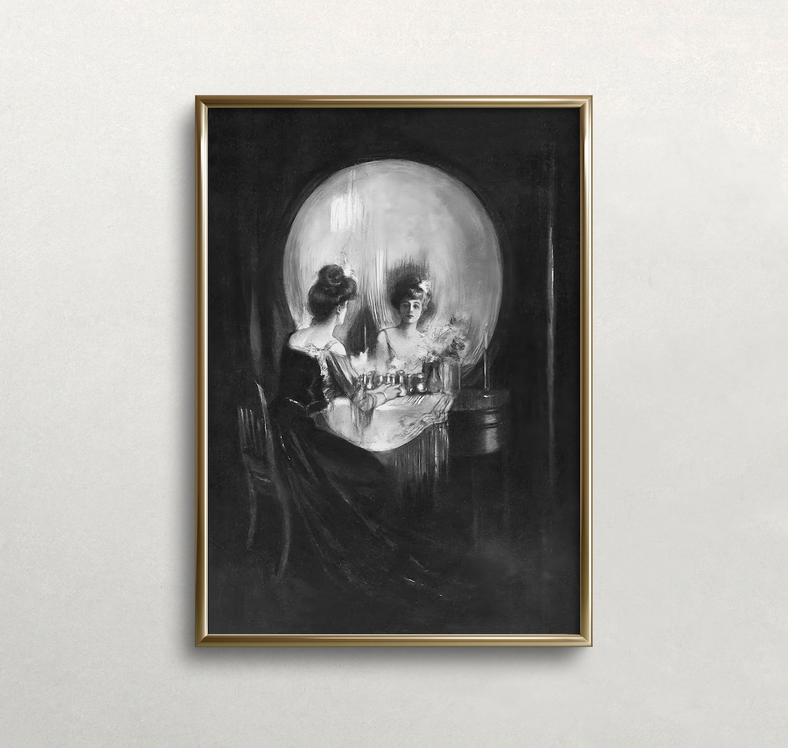 Skull Woman Portrait, Vintage Black and White Art