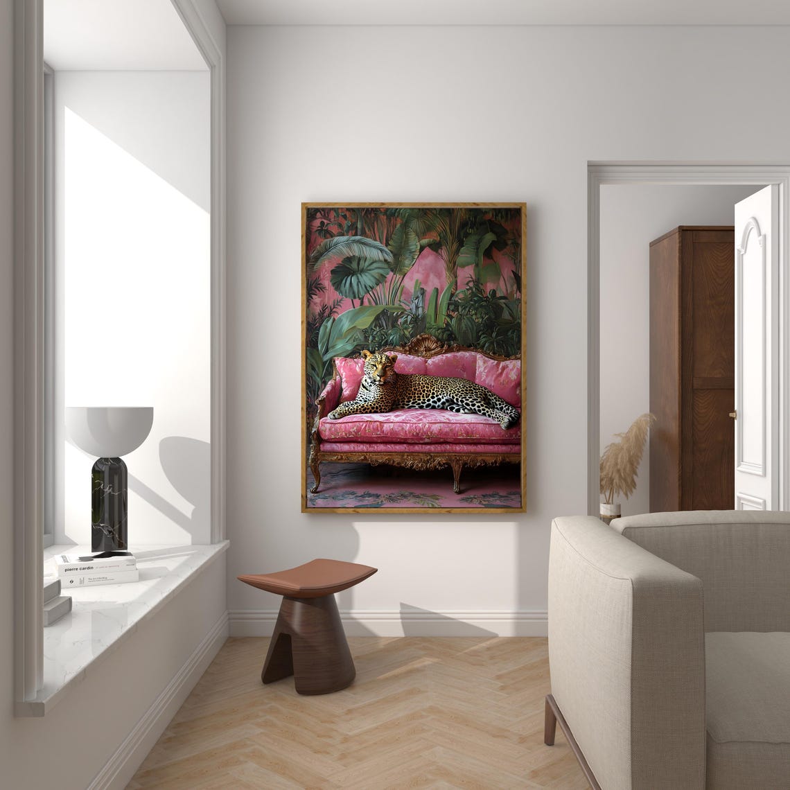 Leopard Lounging on Pink Velvet Couch Tropical Maximalist Photo Poster - Image 2
