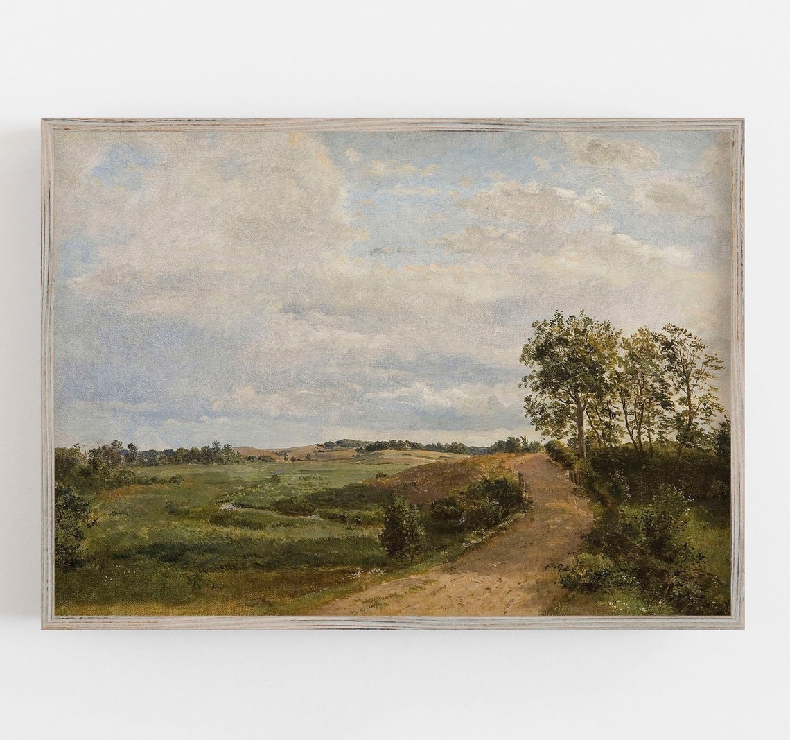 Country Road Green Fields Big Clouds Vintage Landscape Wall Art