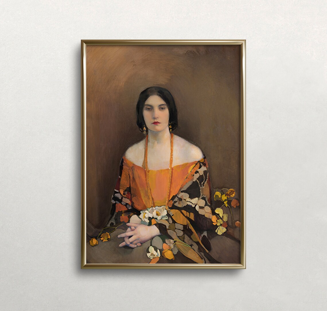 Moody Woman In Orange Dress Dark Vintage Portrait Oil Painting Poster