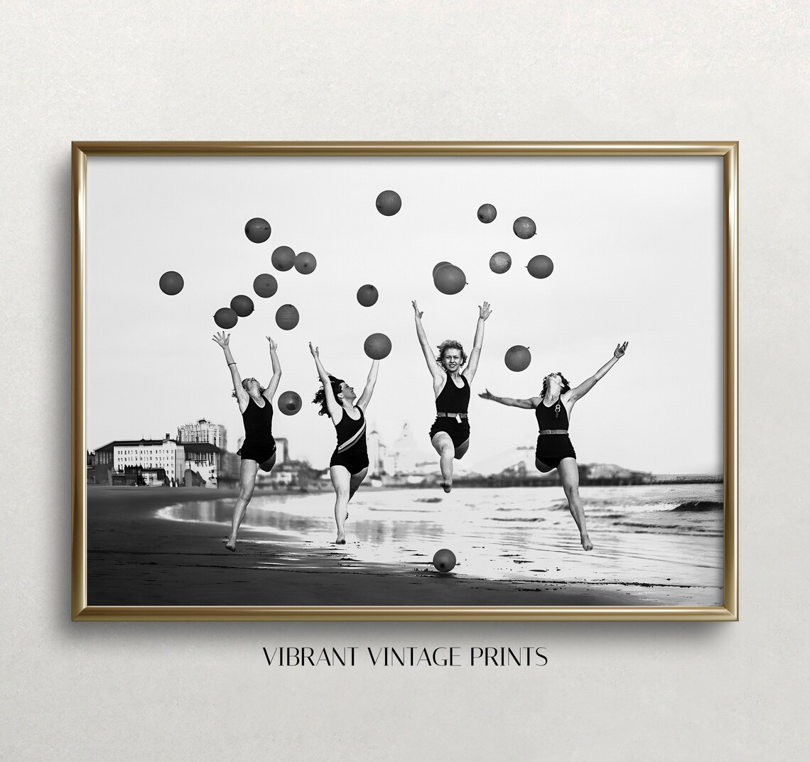 Women In 1920s Swimsuits Tossing Balls On The Beach Photo Print