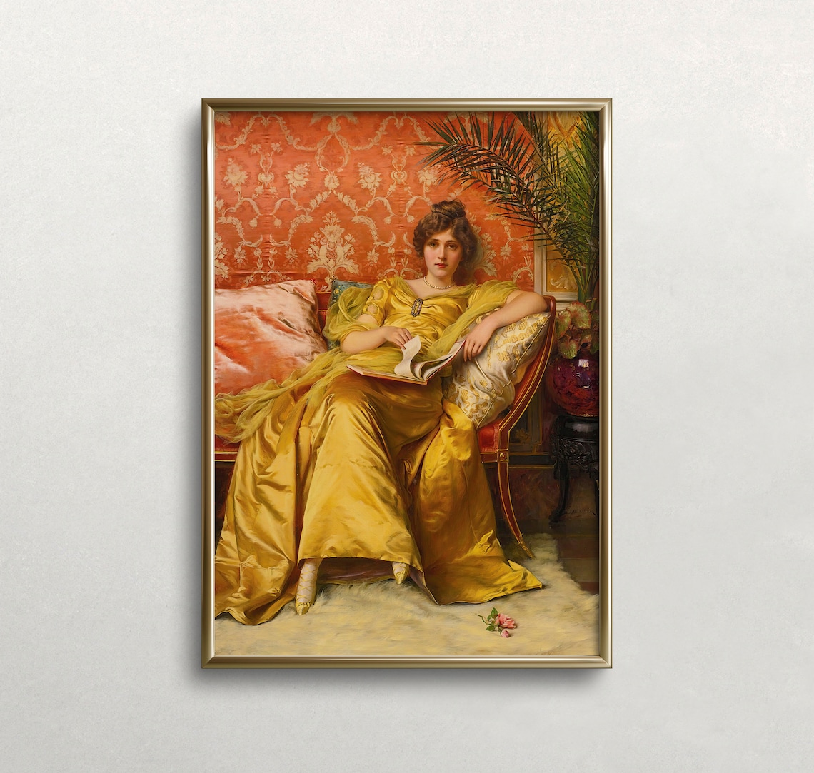 Victorian Woman in Golden Gown Reading Book Antique Oil Portrait Print