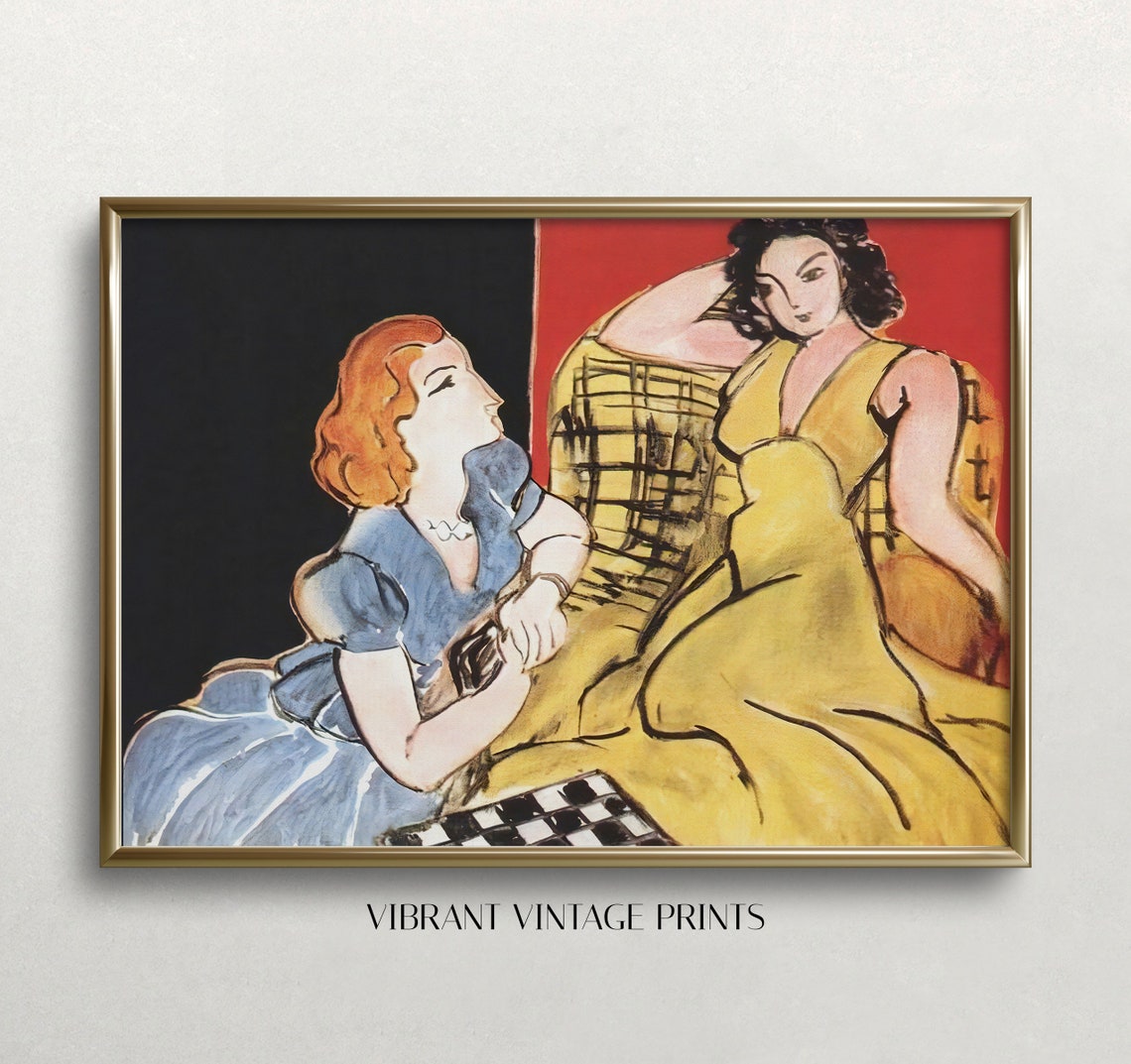 Two Women in Blue and Yellow Dresses Colorful Modernist Painting Print