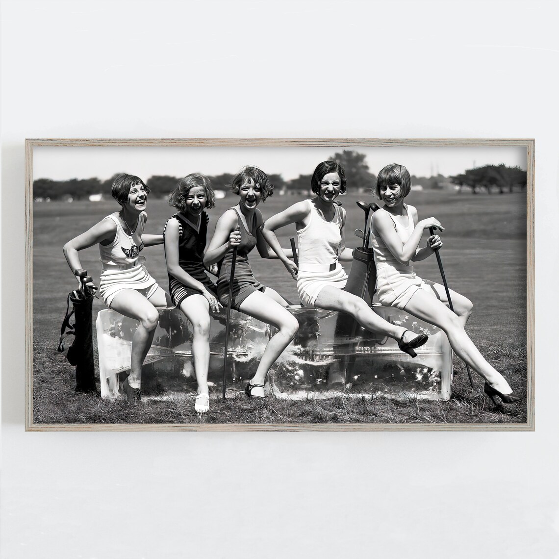 Vintage Lady Golfers on Ice Block Black White Photo Sports Poster