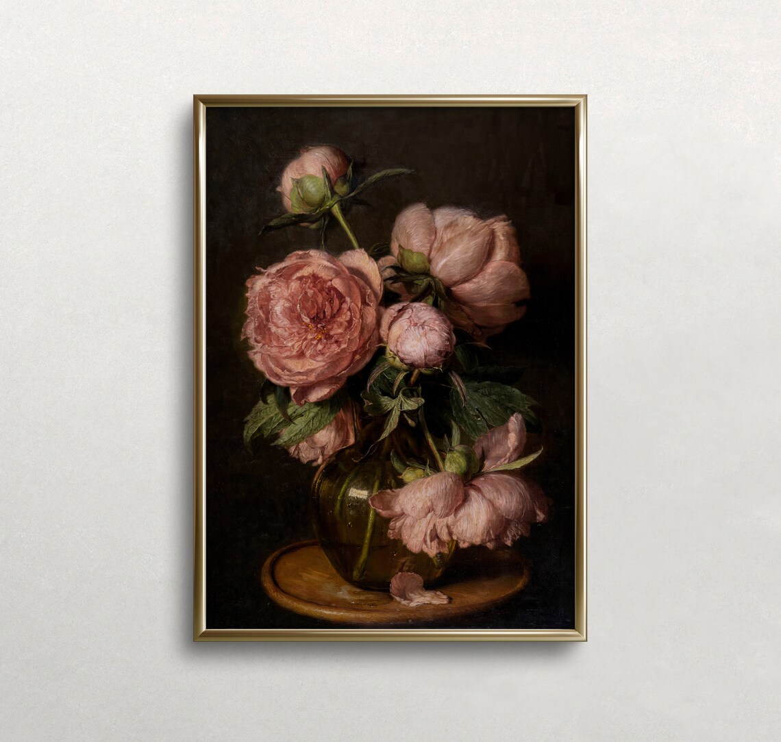 Vintage Peonies Art Print, Dark Aesthetic Decor