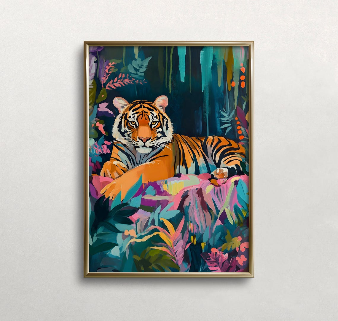 Colorful Tiger Resting In Lush Jungle Foliage Wild Animal Art Print