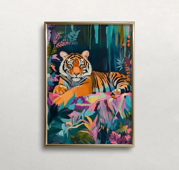 Colorful Tiger Resting In Lush Jungle Foliage Wild Animal Art Print