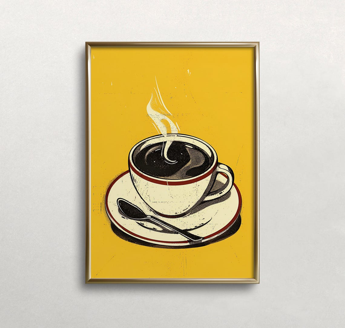 Steaming Coffee Cup Retro Mustard Yellow Kitchen Decor Poster