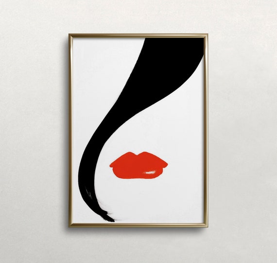 Woman Portrait Fashion Wall Art Lipstick Print Retro Wall Decor Vintage Wall Art Abstract Wall Art Wall Art