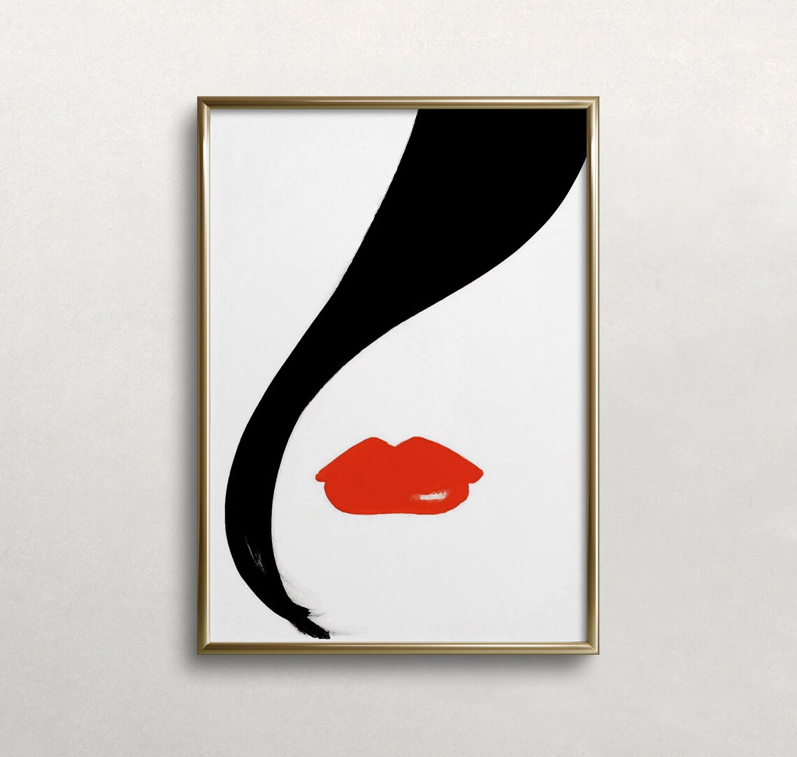 Red Lips Pop Art Minimalist Woman Face Black White Abstract Poster