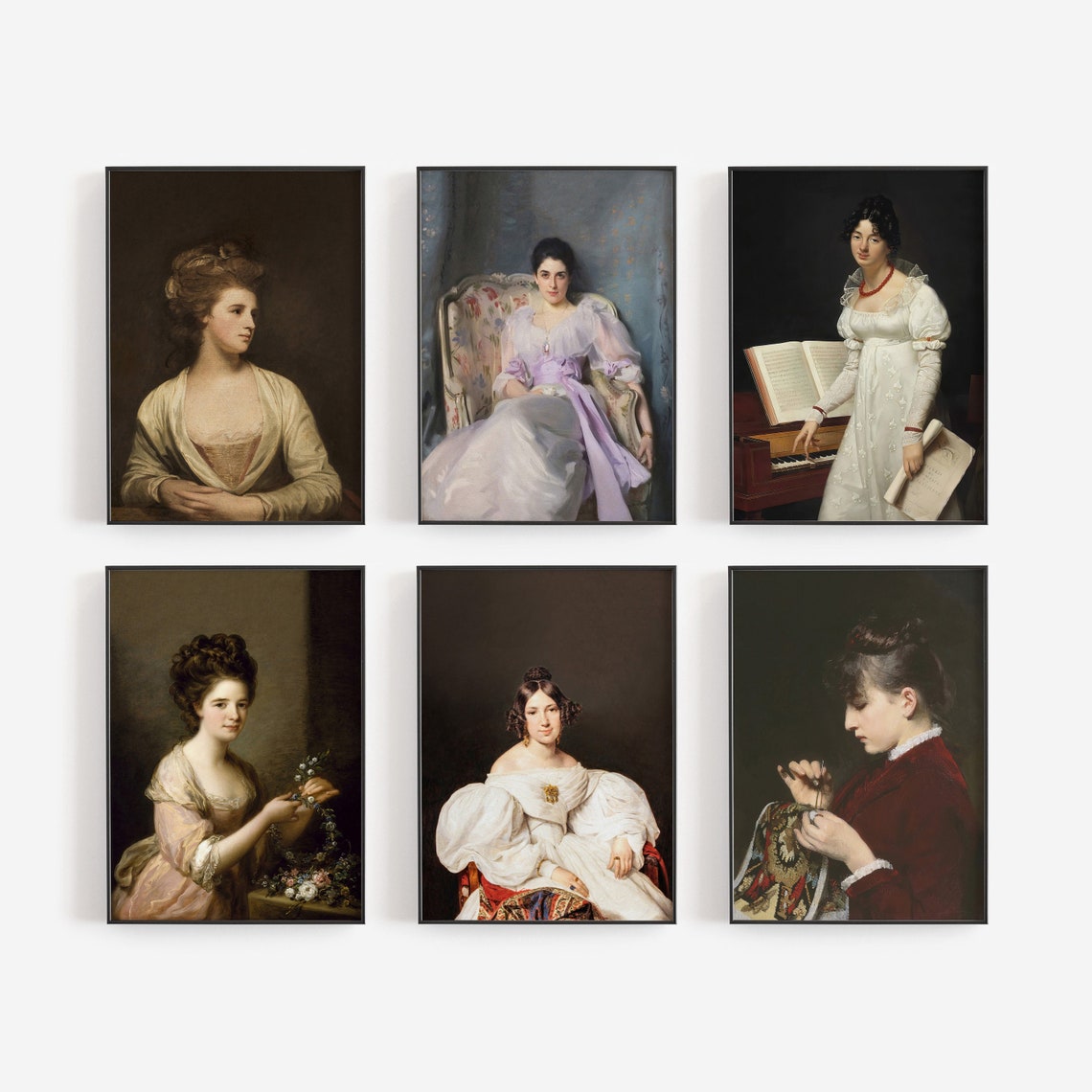 Set of Six Antique Women Portrait Paintings Vintage Gallery Wall Art