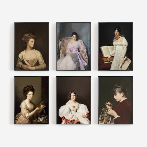 Set of Six Antique Women Portrait Paintings Vintage Gallery Wall Art