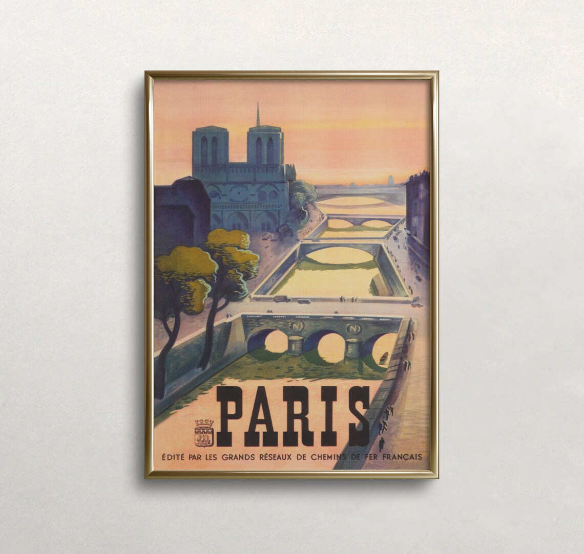 Paris Vintage Travel Poster, Seine River Notre Dame