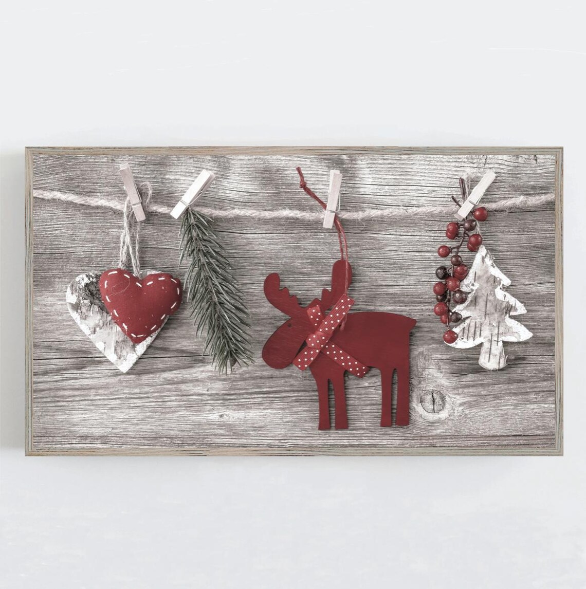 Rustic Christmas Garland Wood Moose Heart Ornaments Farmhouse Print