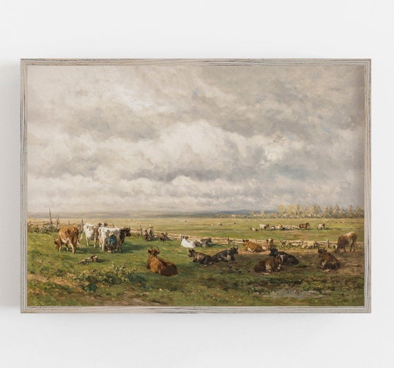Cows Vintage Landscape Art Print, Modern Farmhouse