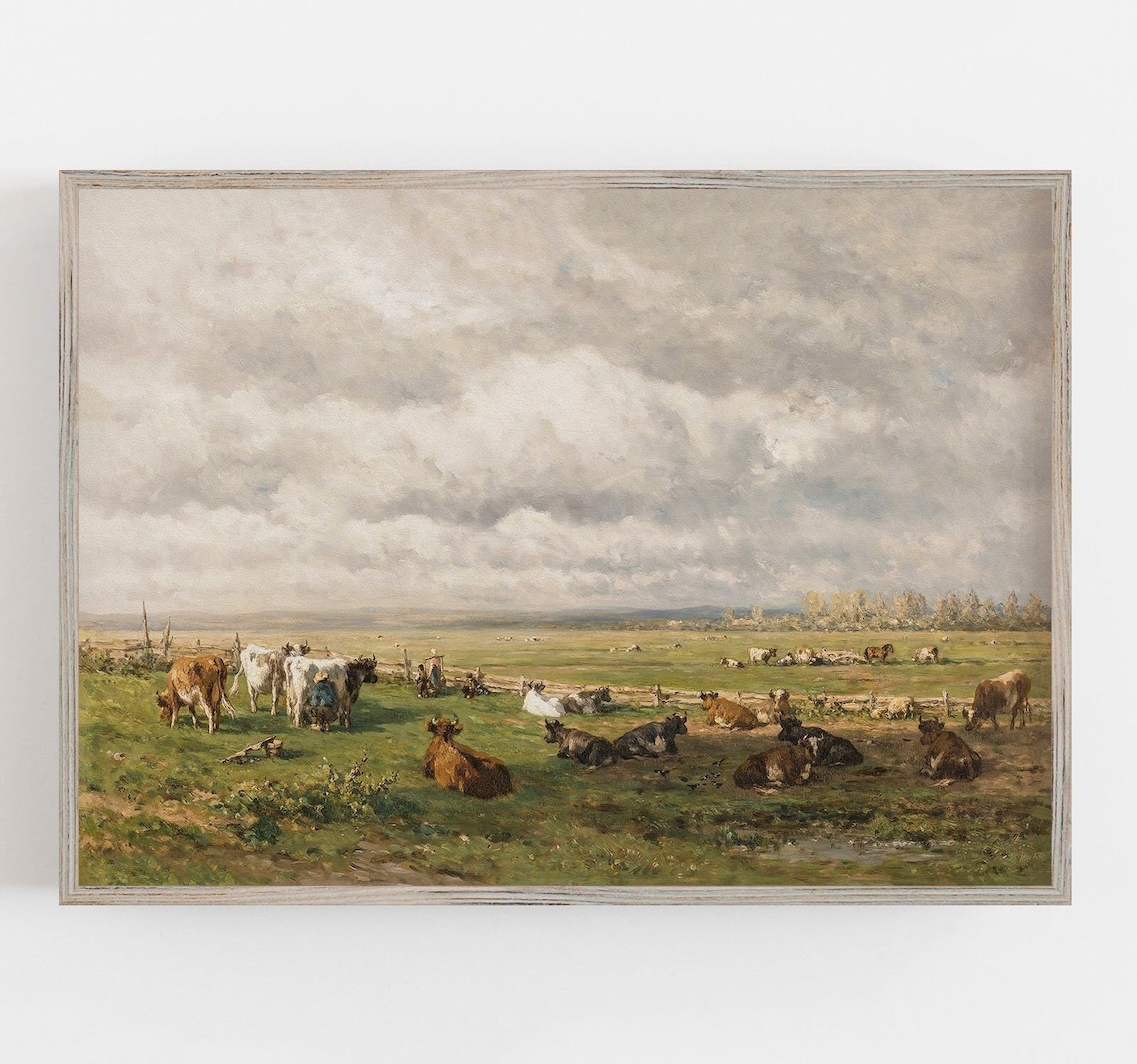 Cows Vintage Landscape Art Print, Modern Farmhouse