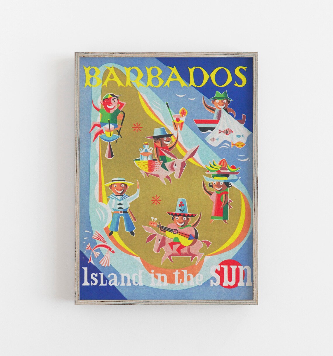 Barbados Vintage Caribbean Map Travel Poster Art