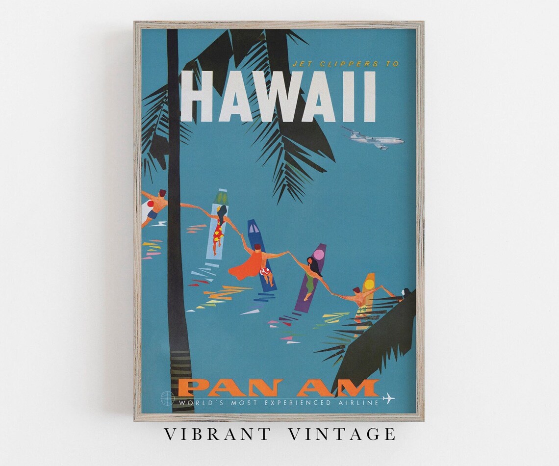 Hawaii Vintage Travel Poster, Surfers & Palm Trees