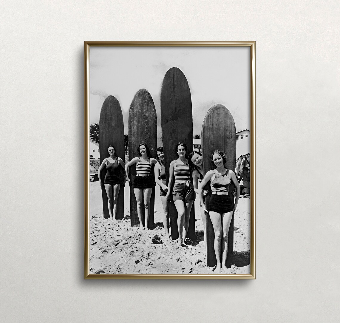 Women Surfers Black And White Vintage Art Print