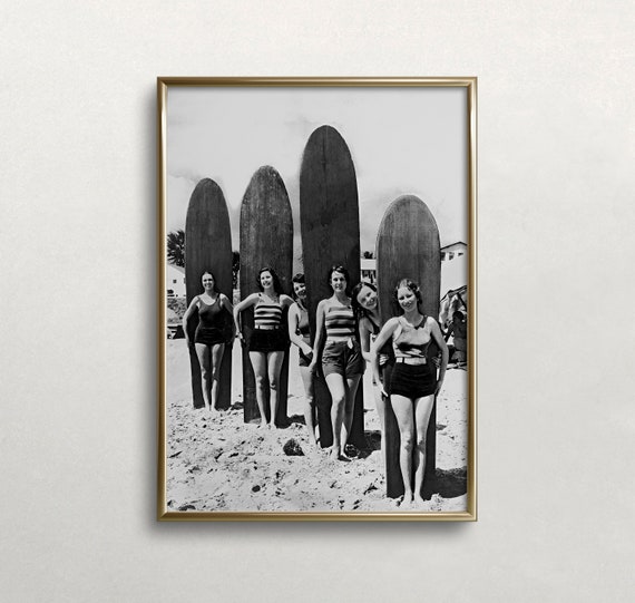 Women Surfers Black And White Vintage Art Print