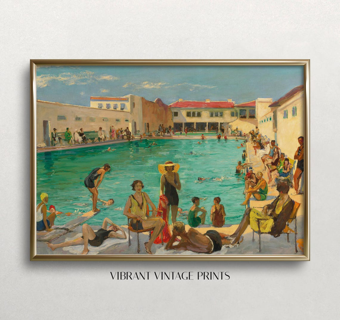 Vintage Swimming Pool Turquoise Water Summer Painting Poster