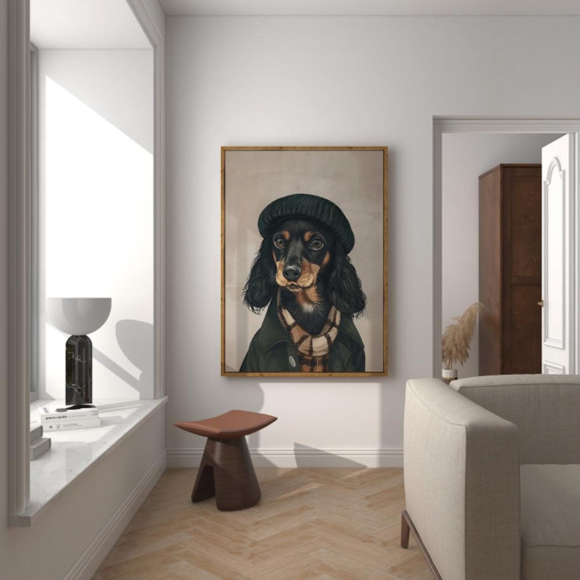 Dachshund Wall Art Dog Wall Art Dog Wearing Beret Black Dachshund Art Funny Art Dark Colors Wall Art - Image 2