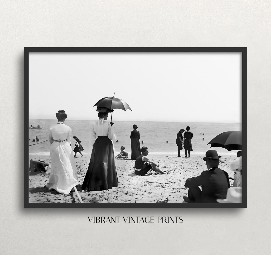 Victorian Women on Beach With Parasols Vintage Black White Photo Print