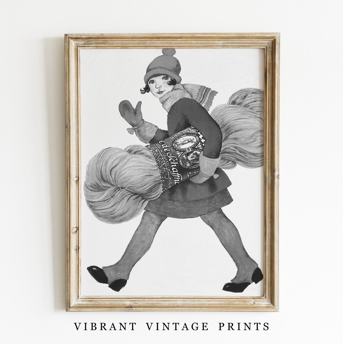 Vintage Girl Carrying Yarn Whimsical Black White Illustration Print - Image 4