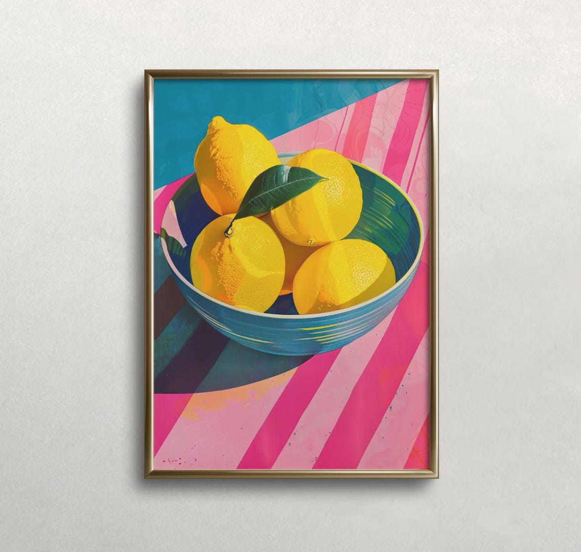 Bright Lemons in a Bowl Colorful Pop Art Kitchen Wall Poster
