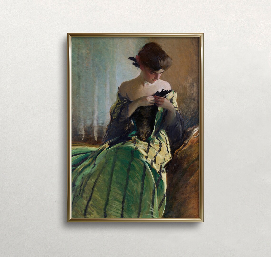 Woman In Green Striped Gown Sewing Moody Vintage Portrait Art Poster