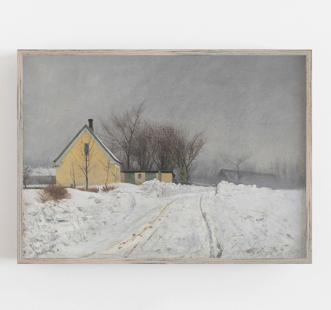 Yellow House In Snow, Vintage Winter Landscape Art Print
