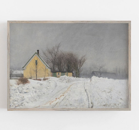 Yellow House In Snow, Vintage Winter Landscape Art Print