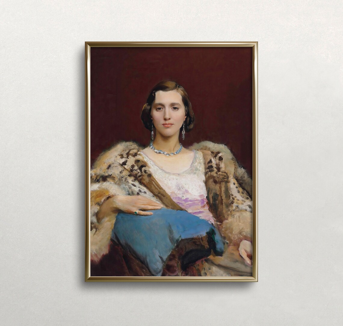 Young Woman In Fur Wrap Pearl Necklace Burgundy Portrait Print