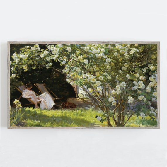 Spring Reading Woman, Vintage Garden Landscape Art Print