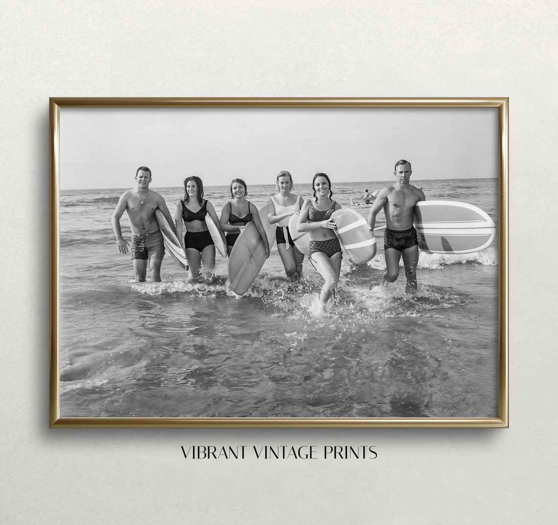 Surfers Group Surfboards Wading Ocean Vintage Black White Beach Print