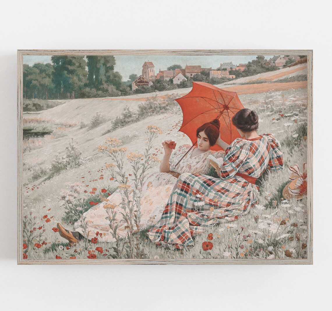 Two Women with Red Parasol in Wildflower Meadow Vintage Painting Poster - Image 2