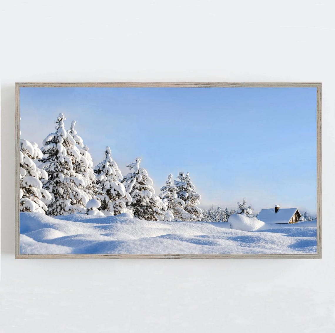 Sunlit Snowy Pine Forest Wooden Cabin Blue Sky Winter Photo Poster