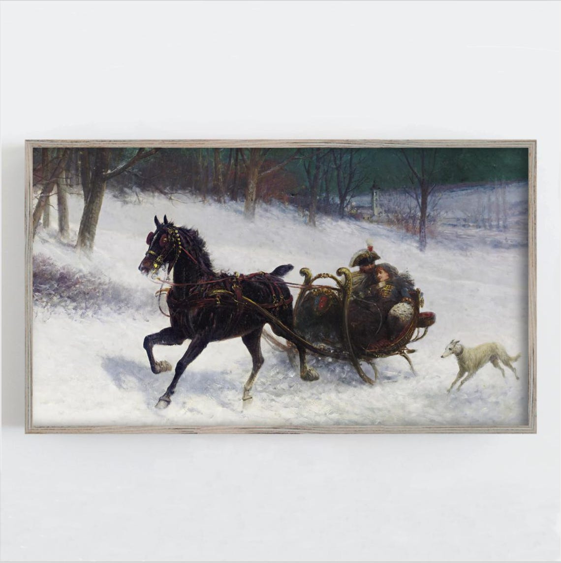 Horse Drawn Sleigh Ride Through Snow Vintage Winter Painting Print