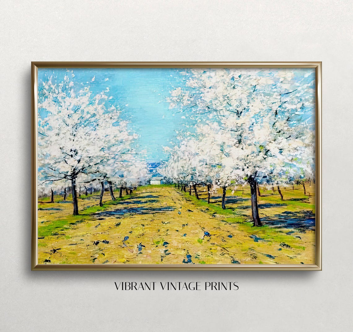 White Blossom Orchard Vintage Spring Landscape Painting Poster - Image 3