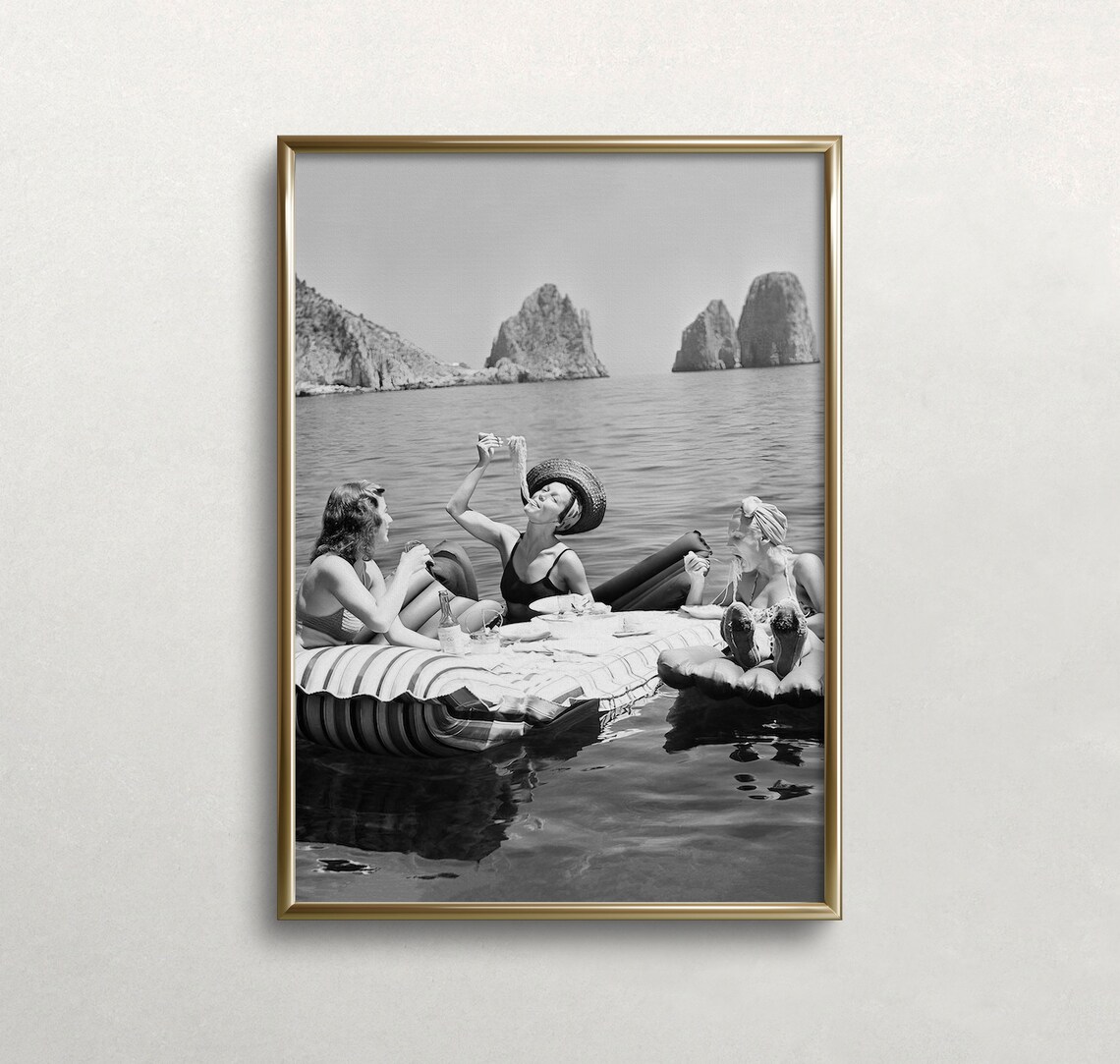 Women Eating Pasta by the Lake, Vintage Art Print