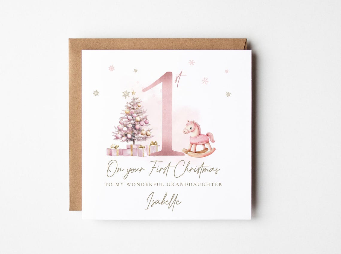 Baby's First Christmas Pink Tree Rocking Horse Keepsake Print