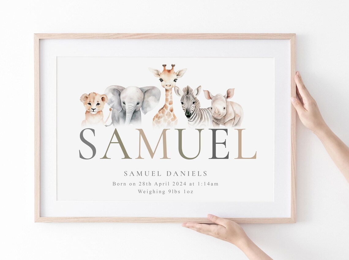 Personalised Safari Name Print, Jungle Animals Art Print