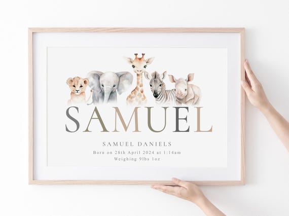 Personalised Safari Name Print, Jungle Animals Art Print