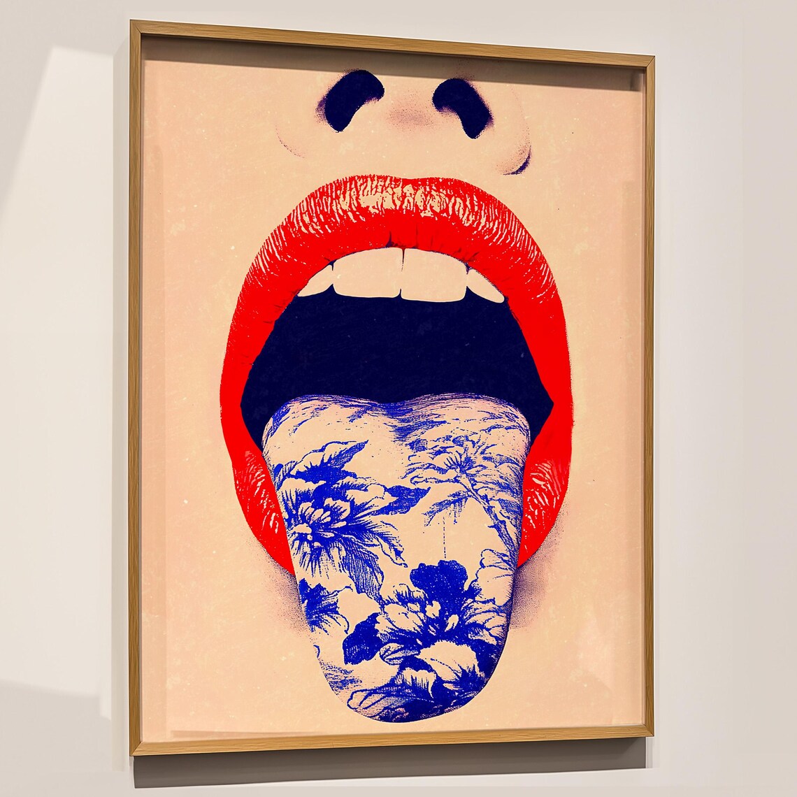 Red Lips Blue Floral Tongue Surreal Pop Art Statement Poster