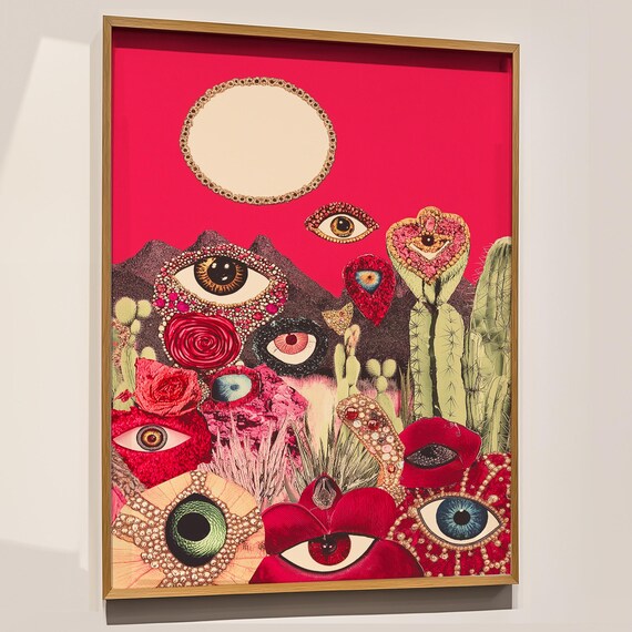 Desert Eye Collage Art Maximalist Pink Poster Surreal Wall Decor Bold Cactus Print Mystical Artwork Funky Dopamine