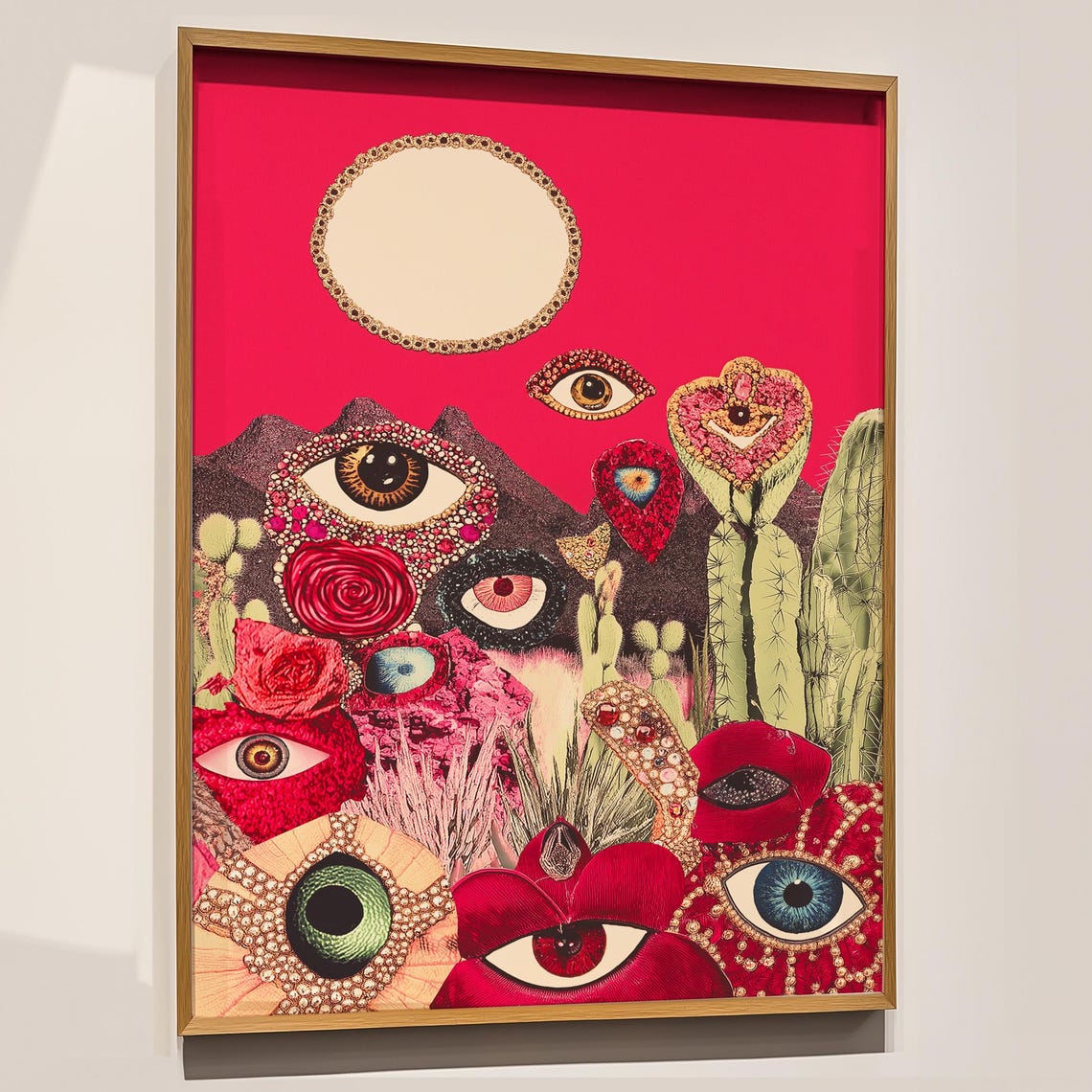 Surreal Desert Eye Collage Pink Moon Cactus Maximalist Poster