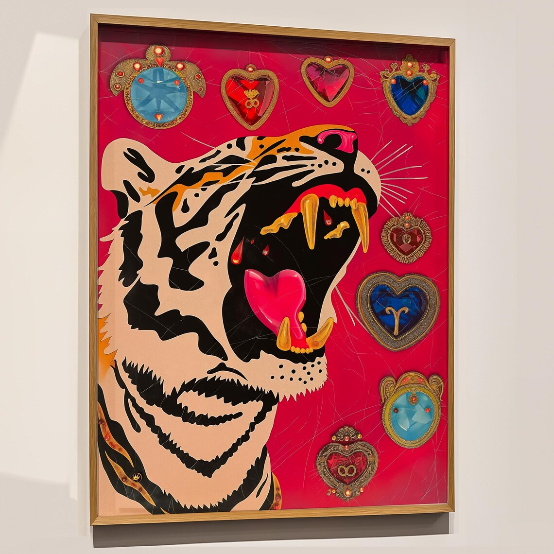 Roaring Tiger with Zodiac Heart Charms Bold Maximalist Art Print