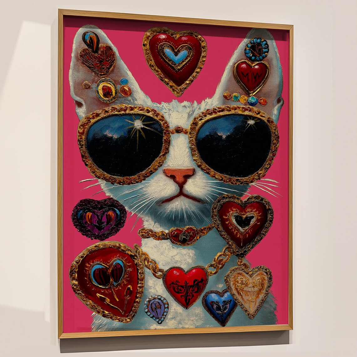 Maximalist White Cat Jeweled Sunglasses Pink Hearts Fun Art Poster